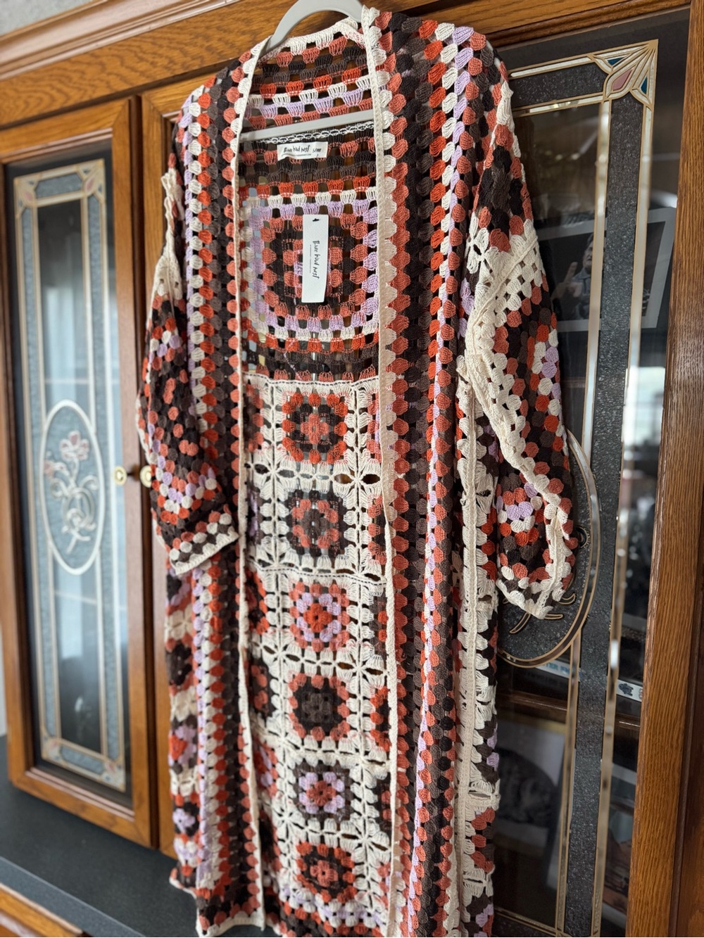 Three Bird Nest Long Crochet Cardigan in Cream, Rust, Brown & Pink